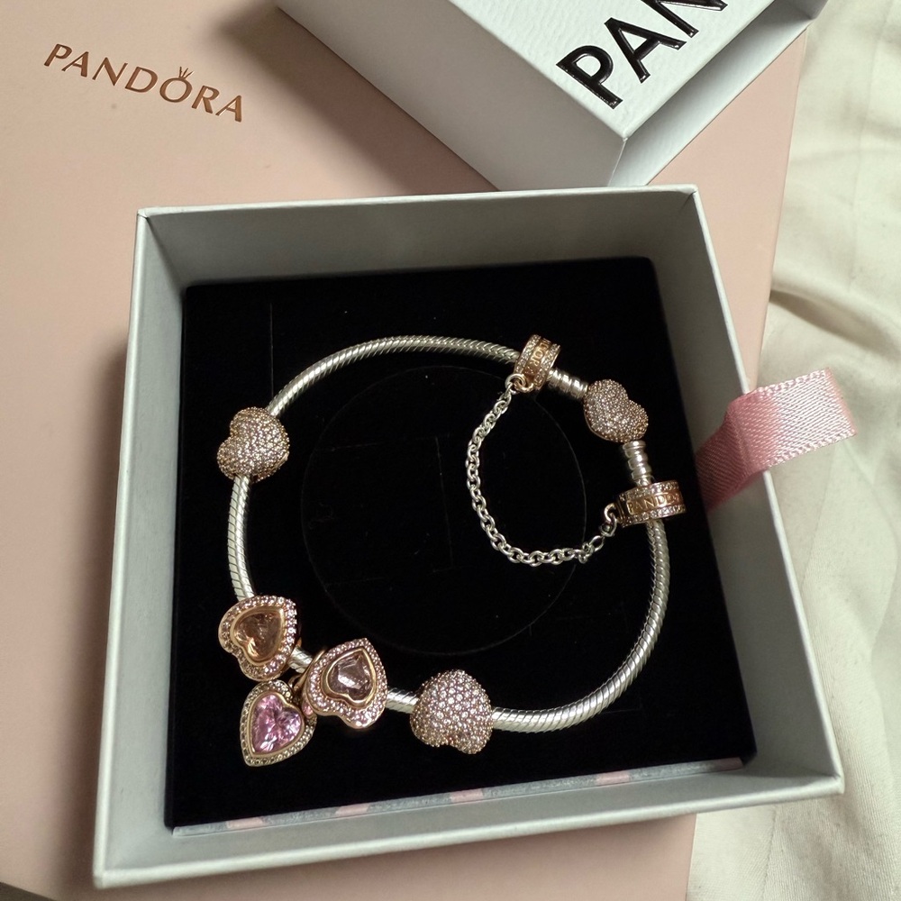 Pandora Silver Charm Bracelet with Pink Heart and Flower Charms